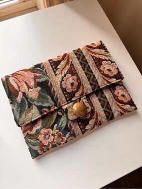 Floral Tapestry Clutch in Pink, Green & Brown